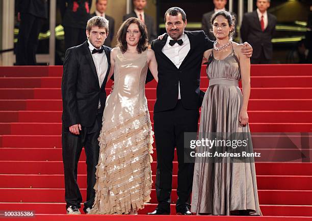 Actor Rudolf Frecska, actress Kitty Csikos, director Kornel Mundruczo and guest attend the "Tender Son - The Frankenstein Project" Premiere at the...