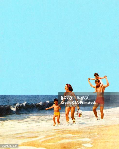 ilustraciones, imágenes clip art, dibujos animados e iconos de stock de familia en la playa del océano - family beach