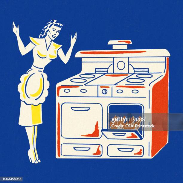 homemaker with flames in the oven - stove flame stock illustrations