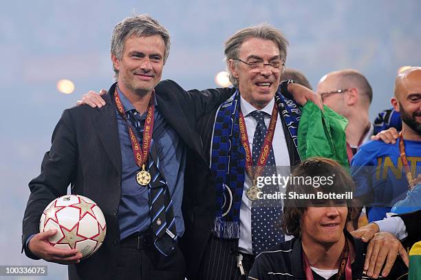 Head coach Jose Mourinho and president Massimo Moratti of Inter Milan celebrate their team's victory at the end of the UEFA Champions League Final...