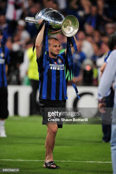 Wesley Sneijder of Inter Milan celebrates victory after the UEFA Champions League Final match between FC Bayern Muenchen and Inter Milan at the...
