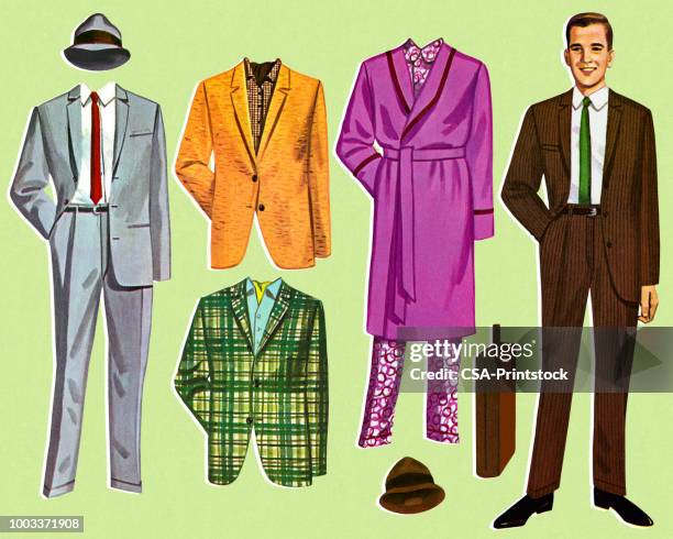 paper doll mann und outfits - bathrobe stock-grafiken, -clipart, -cartoons und -symbole