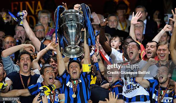 Javier Zanetti of Inter Milan lifts the UEFA Champions League trophy following their team's victory over FC Bayern Munich in the UEFA Champions...