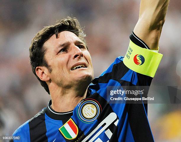 Javier Zanetti of Inter Milan celebrates after defeating FC Bayern Muenchen at the UEFA Champions League Final match at the Bernabeu on May 22, 2010...