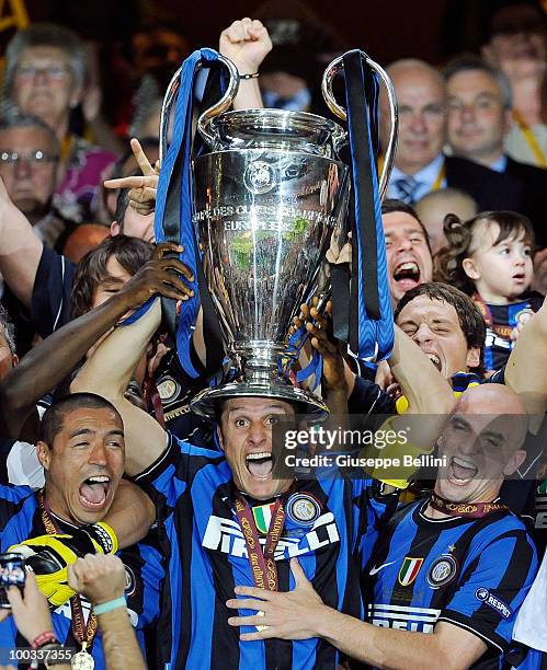 Javier Zanetti of Inter Milan lifts the UEFA Champions League trophy after defeating FC Bayern Muenchen at the UEFA Champions League Final match at...