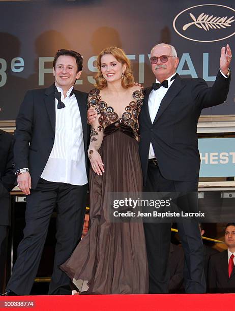 Oleg Menshikov, Nadezhda Mihalkova and Nikita Mikhalkov attend the "Exodus Burnt By The Sun 2" Premiere held at the Palais des Festivals during the...