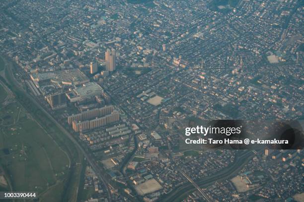 yodo river and hirakata city in osaka prefecture in japan sunset time aerial view from airplane - hirakata imagens e fotografias de stock