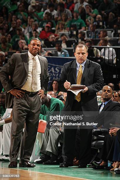 Coaches Doc Rivers and Tom Thibodeau of the Boston Celtics watch their team play against the Orlando Magic in Game Three of the Eastern Conference...