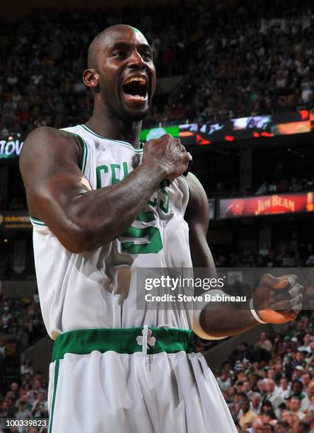 Kevin Garnett of the Boston Celtics gets ready before the game against the Orlando Magic in Game Three of the Eastern Conference Finals during the...