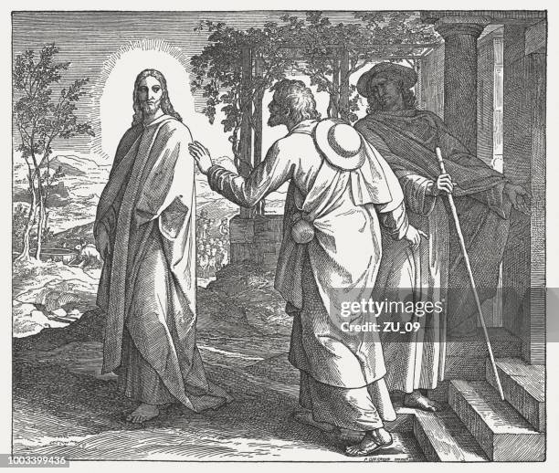 emmaus disciples with jesus (luke 24,28-29), wood engraving, published 1890 - jesus walking stock illustrations