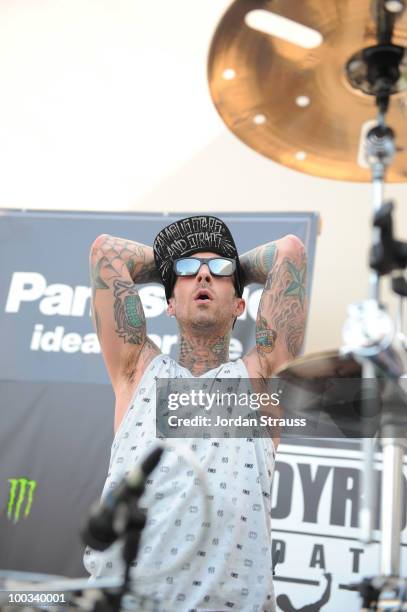 Travis Barker performs at Rob Dyrdek Foundation SK8 4 Life Benefit Presented by Panasonic & Carl's Jr at Fantasy Factory on May 22, 2010 in Los...