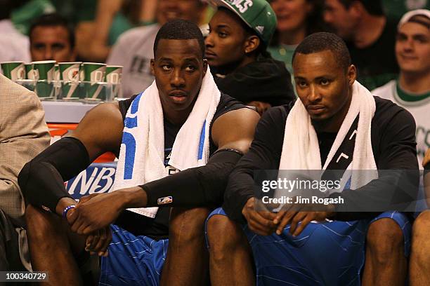 Dwight Howard and Rashard Lewis of the Orlando Magic sit on the bench dejected late in the fourth quarter against the Boston Celtics at TD Banknorth...