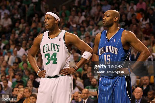 Paul Pierce of the Boston Celtics and Vince Carter of the Orlando Magic at TD Banknorth Garden in Game Three of the Eastern Conference Finals during...