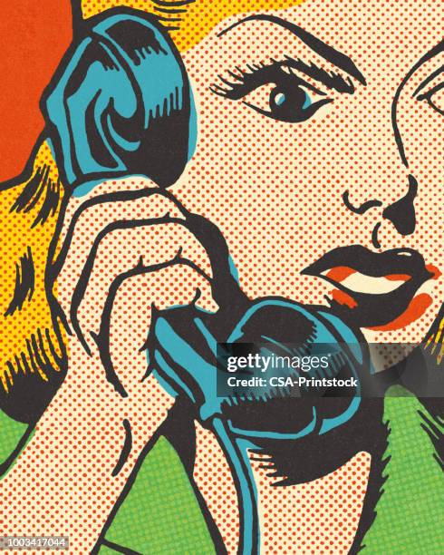 ilustraciones, imágenes clip art, dibujos animados e iconos de stock de mujer en el teléfono - arte pop