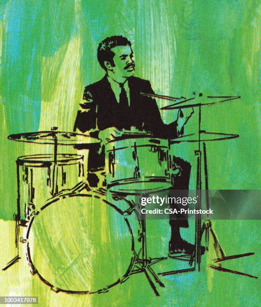 man playing a drum set - jazz stock illustrations