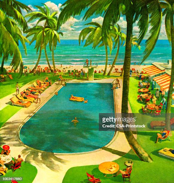 ilustraciones, imágenes clip art, dibujos animados e iconos de stock de piscina del complejo turístico - lugar turístico