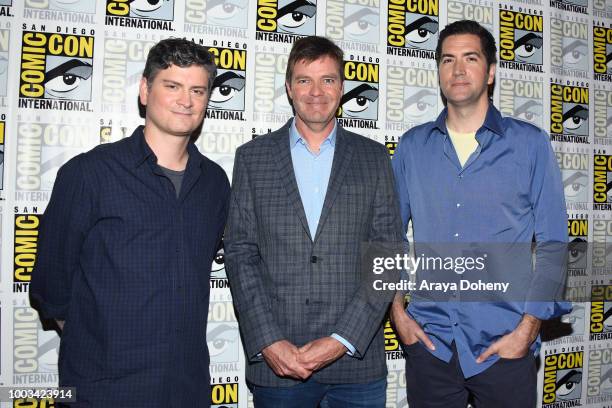 Michael Schur, Morgan Sackett, and Drew Goddard attend the 'The Good Place' Press Line during Comic-Con International 2018 at Hilton Bayfront on July...