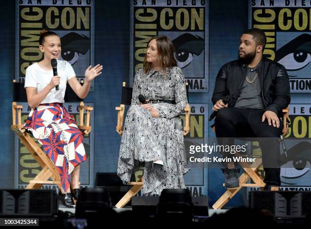 Millie Bobby Brown, Vera Farmiga and O'Shea Jackson Jr. Speak onstage at the Warner Bros. 'Godzilla: King of the Monsters' theatrical panel during...