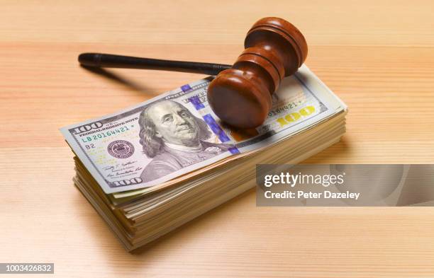 gavel sitting on pile of dollar notes - lawsuit stock-fotos und bilder