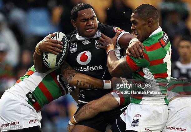 Ukuma Ta'ai of the Warriors looks to offload the ball during the round 11 NRL match between the Warriors and the South Sydney Rabbitohs at Mt Smart...