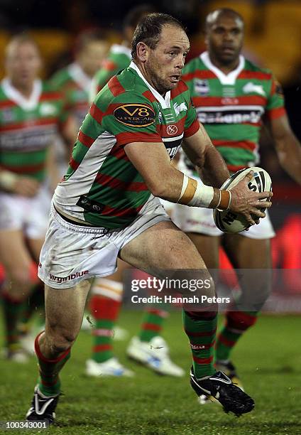 Luke Stuart of the Rabbitohs makes a break during the round 11 NRL match between the Warriors and the South Sydney Rabbitohs at Mt Smart Stadium on...