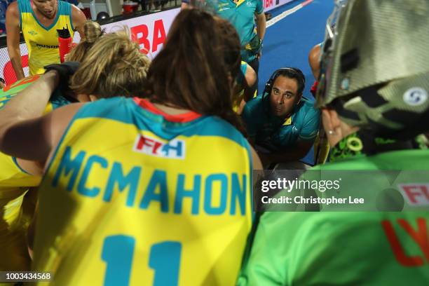 Head Coach Paul Gaudoin of Australia talks to his players during the Pool D game between Australia and Japan of the FIH Womens Hockey World Cup at...