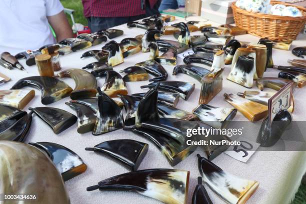 Traditional Kashubian snuff boxes made of cow horns are seen in Chmielno, Kashubia region, Poland on 21 July 2018 Kashubs or Kashubians have their...