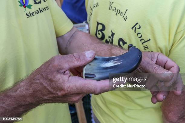 Traditional Kashubian snuff box made of cow horn is seen in Chmielno, Kashubia region, Poland on 21 July 2018 Kashubs or Kashubians have their own...