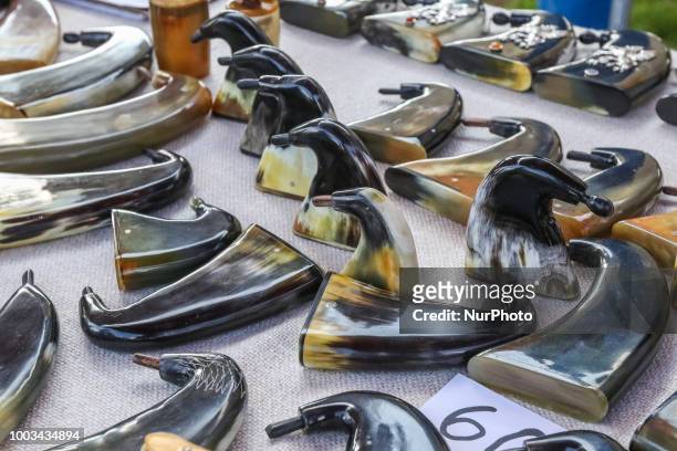 Traditional Kashubian snuff boxes made of cow horns are seen in Chmielno, Kashubia region, Poland on 21 July 2018 Kashubs or Kashubians have their...
