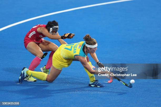 Georgina Morgan of Australia shoots at goal during the Pool D game between Australia and Japan of the FIH Womens Hockey World Cup at Lee Valley...