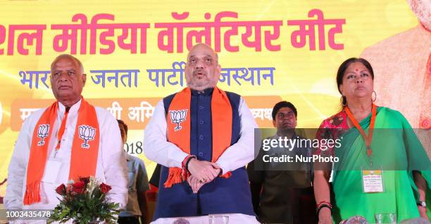 Bhartiya Janta Party President Amit Shah , Rajasthan Chief Minister Vasundhara Raje and Rajasthan BJP President Madanlal Saini during the 'Social...