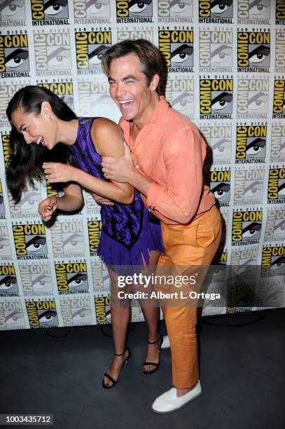Gal Gadot and Chris Pine attend the Warner Bros. 'Wonder Woman 1984' theatrical panel during Comic-Con International 2018 at San Diego Convention...