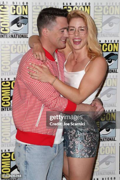 Colton Haynes and Emily Bett Rickards attend the 'Arrow' Press Line during Comic-Con International 2018 on July 21, 2018 in San Diego, California.