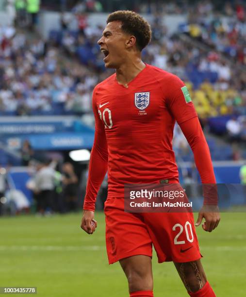 Dele Alli of England celebrates after he scores his team's second goal during the 2018 FIFA World Cup Russia Quarter Final match between Sweden and...