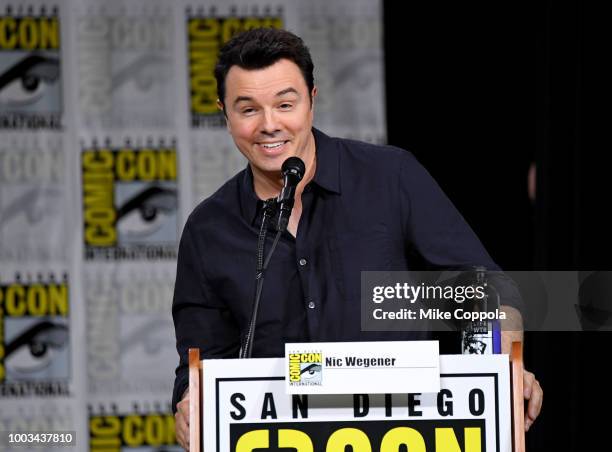 Seth MacFarlane speaks onstage at the "American Dad" and "Family Guy" Panel during Comic-Con International 2018 at San Diego Convention Center on...