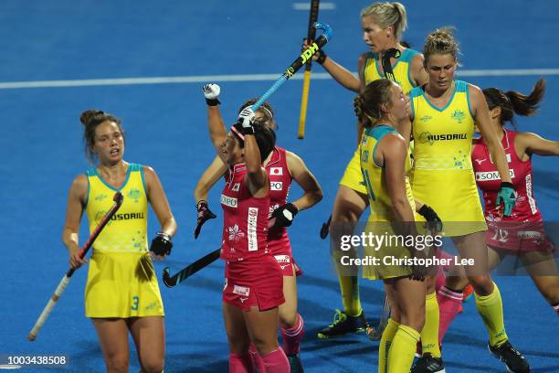 Akiko Kato of Japan celebrates scoring their second goal during the Pool D game between Australia and Japan of the FIH Womens Hockey World Cup at Lee...