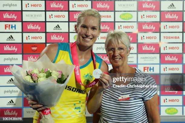 Jodie Kenny of Australia with her Player of the Match award during the Pool D game between Australia and Japan of the FIH Womens Hockey World Cup at...