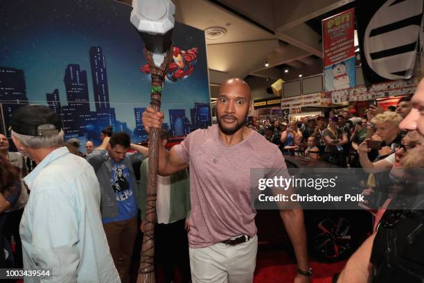 Henry Simmons of Marvel's Agents of S.H.I.E.L.D. Stops by the Marvel booth to pose with the Hyundai Kona Iron Man Edition at San Diego Comic-Con 2018...