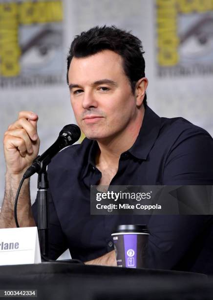 Seth MacFarlane speaks onstage at the "American Dad" and "Family Guy" Panel during Comic-Con International 2018 at San Diego Convention Center on...