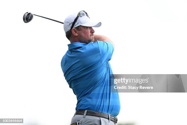 Steve Wheatcroft hits his tee shot on the third hole during the third round of the Barbasol Championship at Keene Trace Golf Club on July 21, 2018 in...