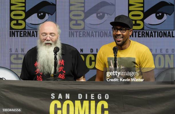 Ric Meyers and RZA speak onstage at RZA: Movies, Music and Martial Arts during Comic-Con International 2018 at San Diego Convention Center on July...