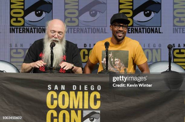 Ric Meyers and RZA speak onstage at RZA: Movies, Music and Martial Arts during Comic-Con International 2018 at San Diego Convention Center on July...