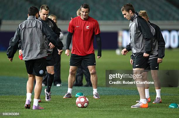 New Zealand captain Ryan Nelsen looks on during a New Zealand All Whites training session at Melbourne Cricket Ground on May 23, 2010 in Melbourne,...
