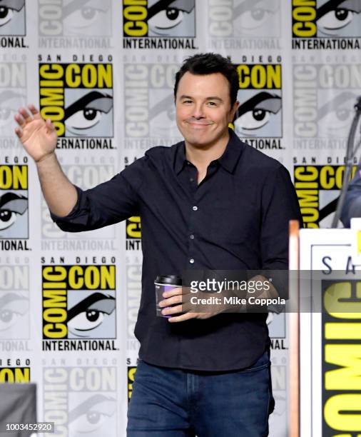 Seth MacFarlane walks onstage at the "American Dad" and "Family Guy" Panel during Comic-Con International 2018 at San Diego Convention Center on July...