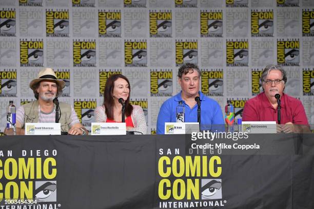 David Silverman, Tress MacNeille, Al Jean, and Matt Groening speak onstage at "The Simpsons" Panel during Comic-Con International 2018 at San Diego...