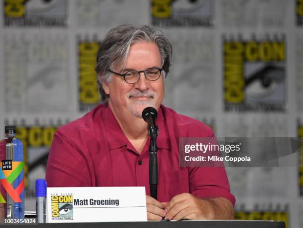 Matt Groening speaks onstage at "The Simpsons" Panel during Comic-Con International 2018 at San Diego Convention Center on July 21, 2018 in San...