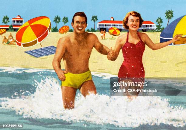 ilustrações de stock, clip art, desenhos animados e ícones de happy couple at the beach - roupa de natação