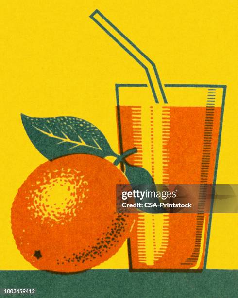orange and glass of orange juice - juice stock illustrations