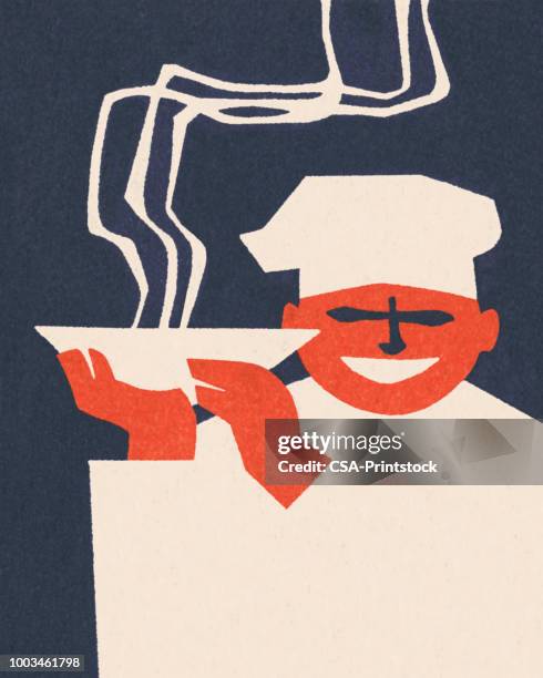 chef holding a steaming bowl - chef portrait stock illustrations