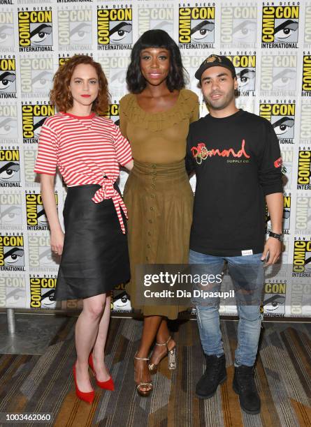 Fiona Dourif, Amanda Warren and Gabriel Chavarria attend the 'The Purge' Press Line during Comic-Con International 2018 at Hilton Bayfront on July...